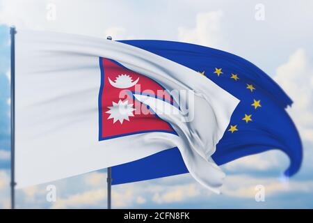 Flagge der Europäischen Union und Flagge Nepals schwenken. Nahaufnahme, 3D-Illustration. Stockfoto