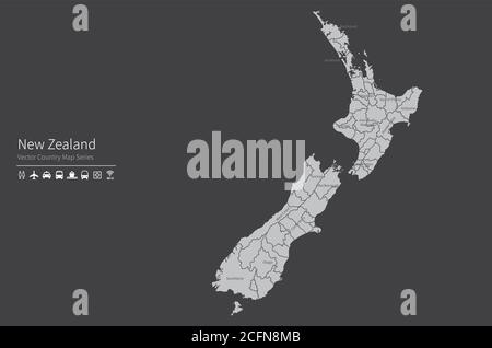 Neuseeland-Karte. Nationale Karte der Welt. Grau gefärbte Länder Kartenserie. Stock Vektor
