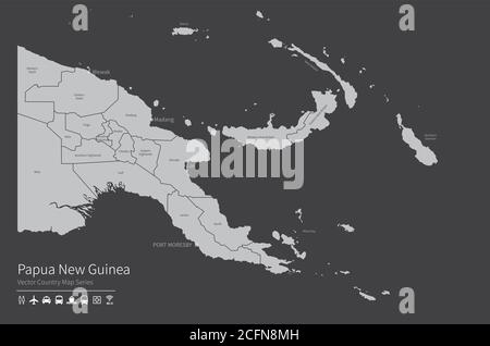 Papua-Neuguinea-Karte. Nationale Karte der Welt. Grau gefärbte Länder Kartenserie. Stock Vektor