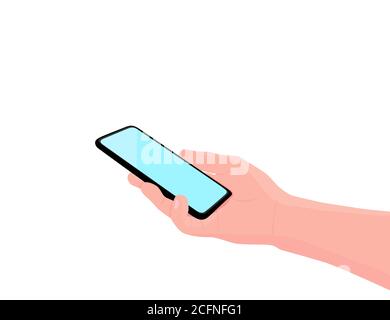 Handy in der Hand. Mann hält schwarzes Smartphone. Touchscreen mit dem Finger berühren. Platz für Text kopieren. Abbildung, weißer Hintergrund Stockfoto