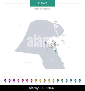 Kuwait-Karte mit Positionsmarkierungen. Infografik Vektorvorlage, isoliert auf weißem Hintergrund. Stock Vektor