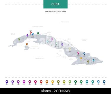 Kuba-Karte mit Positionsmarkierungen. Infografik Vektorvorlage, isoliert auf weißem Hintergrund. Stock Vektor