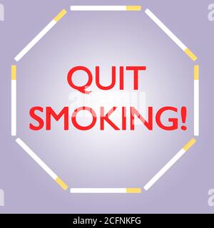 3D-Illustration von Rauchen beenden! Skript auf Straßenschild Rahmen bestehend aus 8 Zigaretten, isoliert über hellblauen Gradienten. Stockfoto