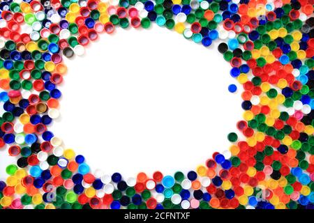 Farbe Kunststoffkappen aus PET-Flaschen als Recycling-Hintergrund Stockfoto