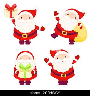 Weihnachtsmann Weihnachten Set. Weihnachtskollektion von glücklichen Weihnachtsmännern in verschiedenen Posen - springen, halten Geschenk, mit einer Tüte von Geschenken. Vektorgrafik E Stock Vektor