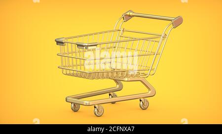 3D-Rendering-Illustration eines goldenen Einkaufswagen Trolleys auf gelbem Hintergrund. Stockfoto