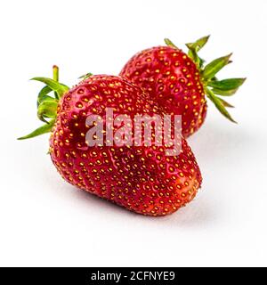 Zwei ganze reife rote Erdbeeren auf weißem Hintergrund Stockfoto