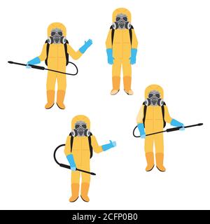 Arbeiter in einem persönlichen gelben Schutzanzug Design. Stock Vektor