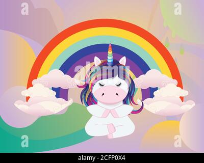 Niedliche Cartoon Einhorn in Lotus Yoga Pose Fantasy-Design. Stock Vektor