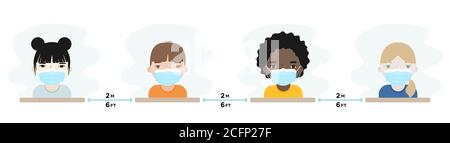 Kinder tragen Schutzmaske. Physische Entfernung zwischen Kindern als Prävention gegen Coronavirus. Zurück zur Schule. Neuer Normalwert. Flaches Design Stockfoto