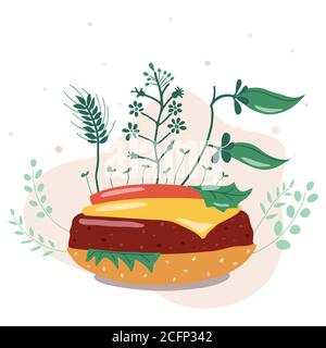 Vektorgrafik. Gemüseburger. Der Ersatz von tierischem Fleisch durch pflanzliche Mittel ist eine rationelle Nutzung der Bodenressourcen, wodurch die Methanemissionen von Kühen reduziert werden. Stock Vektor