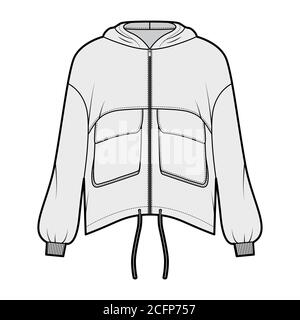 Kapuzenjacke mit Reißverschluss und Panel-Design, technische Mode-Illustration mit praktischen Pattentaschen, übergroßen, langen Ärmeln und Kordelzug am Saum. Flache Mantelschablone vorne, grau. Damen, Herren, Unisex TOP CAD Stock Vektor