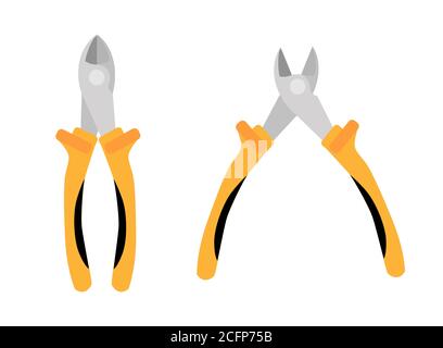 Offene und geschlossene gelbe Seitenschneider. Drahtschneider isoliert auf weißem Hintergrund, flache Vektorgrafik Stock Vektor