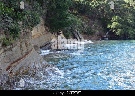 Surf-Wellen berühren erodierende Küstenklippen bedeckt mit Vegetation bei Flut. Stockfoto