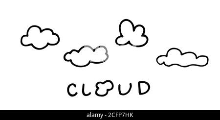 doodle Wolke Illustration Hand gezeichnet Vektor. Einige einfache Wolken am Himmel. Dicke schwarze Kontur isoliert Stock Vektor