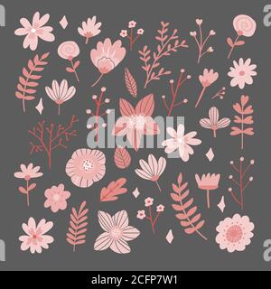 Blumenstrauß von handgezeichneten Fantasy Folk Blumen. Botanische Illustration im flachen Cartoon-Stil. Großartig als Banner, Druck und Karte. Vektor Stock Vektor