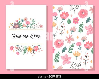 Hochzeitseinladungskarte mit benutzerdefiniertem Schild und Blumenrahmen auf Holzhintergrund. Vektorgrafik. Stock Vektor