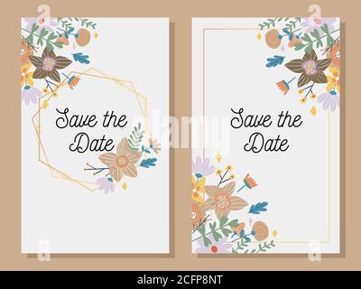 Hochzeitseinladungskarte mit benutzerdefiniertem Schild und Blumenrahmen auf Holzhintergrund. Vektorgrafik. Stock Vektor