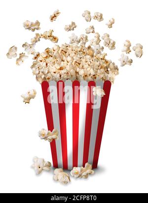 Eine große klassische Kiste mit Theaterpopcorn, die auf weißem Hintergrund aufgeht und verstreut ist. Die Box ist in roten und weißen Streifen gefärbt.