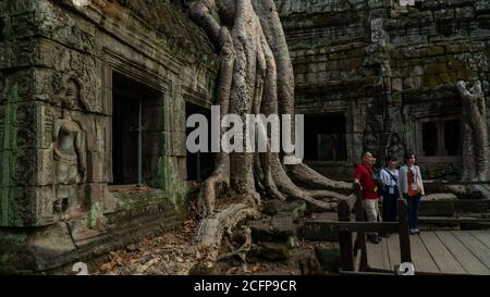 Siem Reap, Kambodscha - 30. Dezember 2019 : Familie fotografiert am berühmten Baum des Ta Prohm Tempels in der Nähe von Angkor Wat. Stockfoto