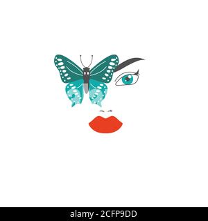 Schönes Gesicht und Schmetterling. Logo für Schönheitssalon, Spa Stock Vektor