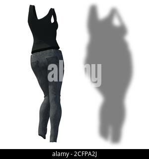 Conceptual Fett übergewichtig fettleibig Schatten weibliche Jeans Unterhemd vs schlank Fit gesunden Körper nach der Gewichtsabnahme oder Diät dünn jung Frau auf Weiß Stockfoto