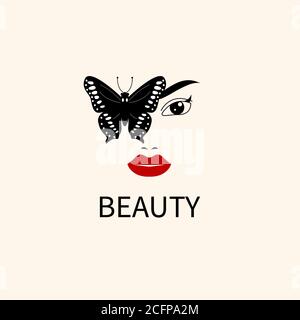 Beauty-Logo mit Gesicht und Schmetterling. Schöne Mädchen Symbol Stock Vektor