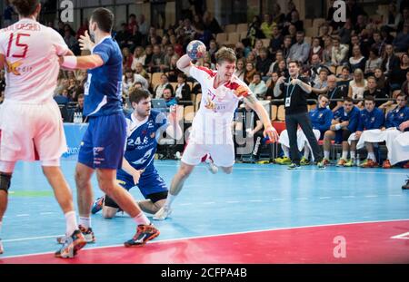 Der dänische Spieler Michael Damgaard (27) sah in Aktion in der Männer Handball-Spiel zwischen Dänemark und Island bei der Golden League Turnier in Oslo (Gonzales Photo/Jan-Erik Eriksen). Oslo, 08. November 2015. Stockfoto