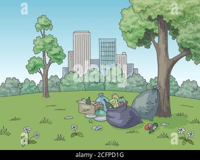 Müll in Naturpark Grafik Farbe Landschaft Skizze Illustration Vektor Stock Vektor