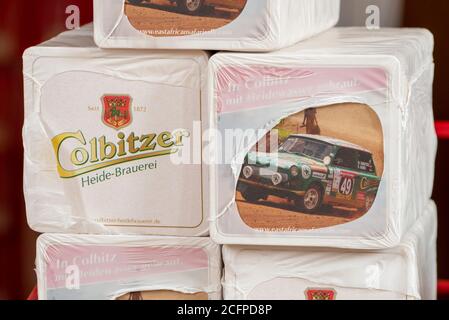 Magdeburg, Deutschland. September 2020. Bierdeckel der Colbitzer Heidebrauerei mit Trabant von hinten. Quelle: Stephan Schulz/dpa-Zentralbild/ZB/dpa/Alamy Live News Stockfoto