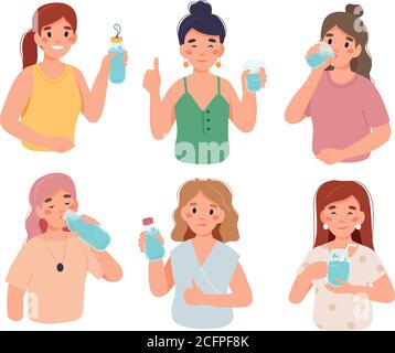 Trinken Sie mehr Wasser. Frau Charaktere mit einer Flasche und Gläser Wasser Stock Vektor