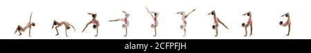 Gleichgewicht. Kleine flexible Mädchen isoliert auf weißem Studio Hintergrund. Kleine weibliche rhythmische Gymnastikerin in hellem Trikot. Anmut in Bewegung, Action und Sport. Übungen machen, Collage mit Copyspace. Stockfoto