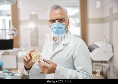 Ältere zahnärztliche Experte hält eine volle Kiefer Zahnimplantat Stockfoto