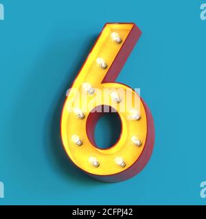 Glühbirne glühende Schrift, 3d Alphabet Charakter, 3d Rendering, Nummer 6 Stockfoto