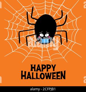 Niedliche Cartoon schwarze Spinne in blauer medizinischer Maske mit Guilty Look, weißem Spinnennetz und fröhlichem halloween Schriftzug auf orangefarbenem Hintergrund. Halloween-Gruß Stock Vektor