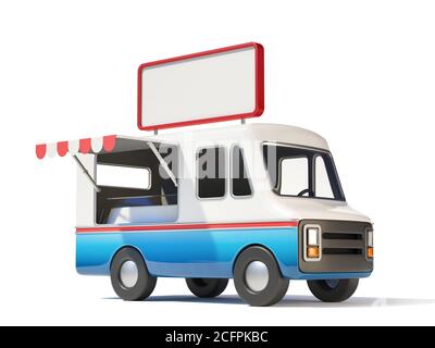 Food Truck mit leerem Schild oben drauf, Street Food, mobiles Fast Food 3d Rendering Stockfoto