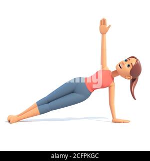 Stretching Yoga Mädchen auf weißem Hintergrund, Cartoon weibliche 3d-Zeichentrick tun Yoga, 3d-Illustration Stockfoto