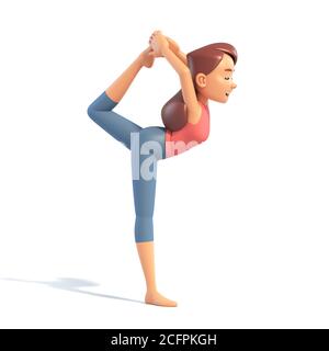 Stretching Yoga Mädchen auf weißem Hintergrund, Cartoon weibliche 3d-Zeichentrick tun Yoga, 3d-Illustration Stockfoto