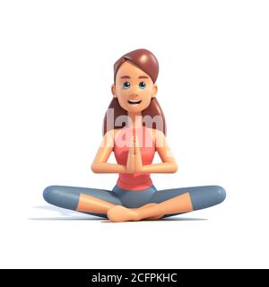 Yoga-Mädchen auf weißem Hintergrund, Cartoon weibliche 3d-Zeichentrick tun Yoga, 3d-Illustration Stockfoto