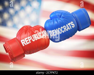 Demokraten gegen Republikaner. Zwei Boxhandschuhe gegeneinander in den Farben der demokratischen und republikanischen Partei, 3d-Rendering Stockfoto