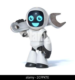Reparatur Roboter halten Schraubenschlüssel Werkzeug, IT-Unterstützung, 3d-Rendering Stockfoto