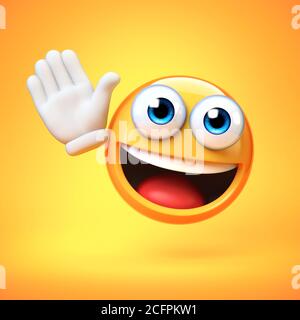 Emoji winken mit einer Hand isoliert auf gelbem Hintergrund, auf Wiedersehen Emoticon 3d-Rendering Stockfoto