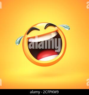 Happy Cry Emoji isoliert auf gelbem Hintergrund, lachende Gesicht Emoticon 3d-Rendering Stockfoto
