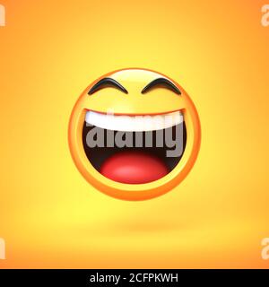 Lol Emoji isoliert auf gelbem Hintergrund, lachende Gesicht Emoticon 3d-Rendering Stockfoto