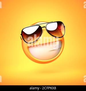 Coole Emoji isoliert auf gelbem Hintergrund, lächelnd Emoticon mit Sonnenbrille 3d Rendering Stockfoto