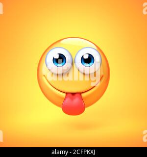 Yummy Emoji isoliert auf gelbem Hintergrund, klebende Zunge Emoticon 3d-Rendering Stockfoto