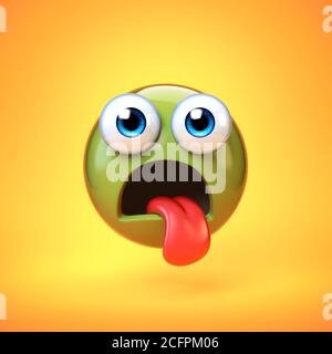 Sick Emoji isoliert auf gelbem Hintergrund, grünes Gesicht Emoticon 3d-Rendering Stockfoto