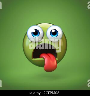 Sick Emoji isoliert auf grünem Hintergrund, grünes Gesicht Emoticon 3d-Rendering Stockfoto