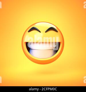 Happy Emoji isoliert auf gelbem Hintergrund, lächelndes Gesicht Emoticon 3d-Rendering Stockfoto