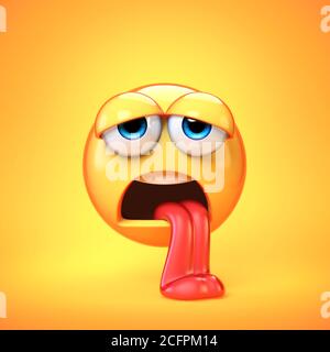 Erschöpfte Emoji isoliert auf gelbem Hintergrund, müde Emoticon 3d-Rendering Stockfoto